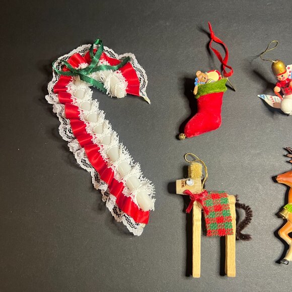 Vintage Lot of 6 Mixed Christmas Ornaments Ribbon Candy Cane, Bird, Santa & Deer - Picture 2 of 7